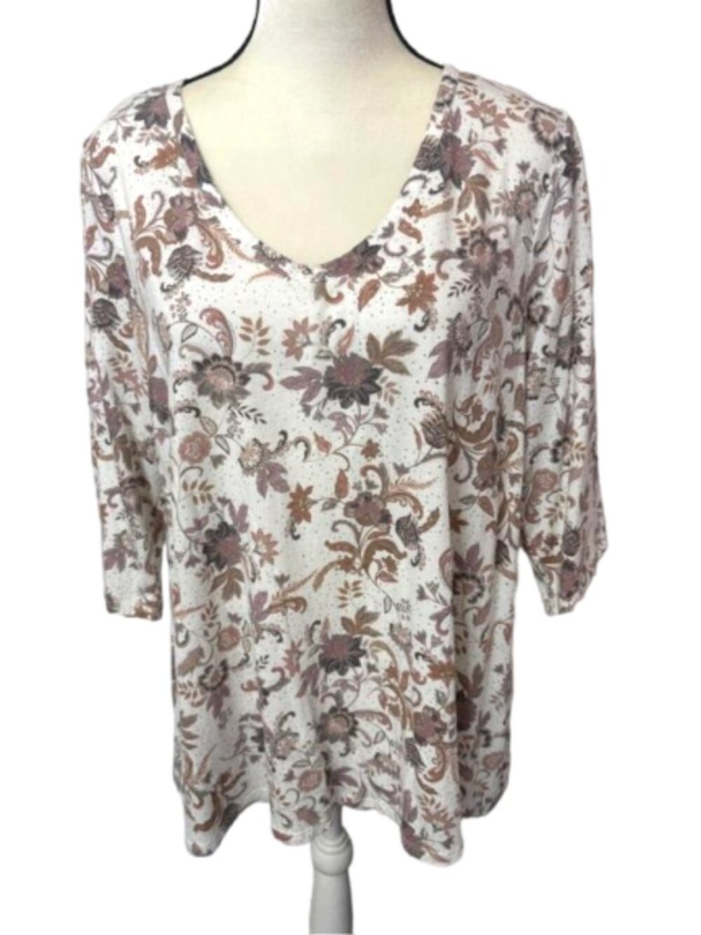 J.Jill Pure Jill Printed Soft V Neck Floral Brown & White Top Sz. L #2524